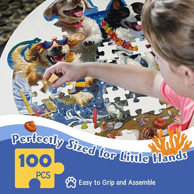 Puzzles for Kids Ages 4-6, 100 Piece Puppies Kids Floor Puzzles with Beach & Marine Animals, Perfect 7 Year Old Boys Girls Gifts, Large Jigsaw Puzzles for Children's Learn and Play