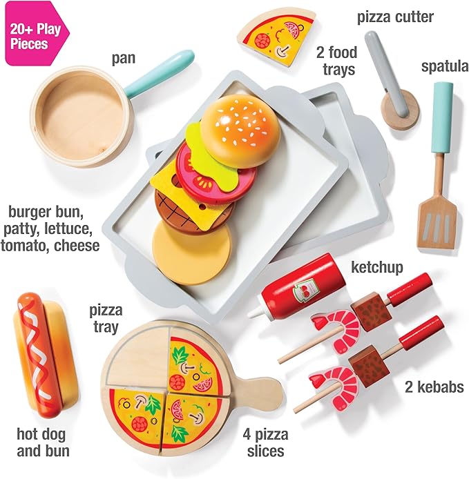 Food Truck Wooden Playset- 20 Fun Toy Pieces Including Cook Top, Steering Wheel, Sticker Sheet for Kids Name - Includes Food Tray, Pizza Slices & More, Dual Sided Play Stand for Indoor Fun Activity