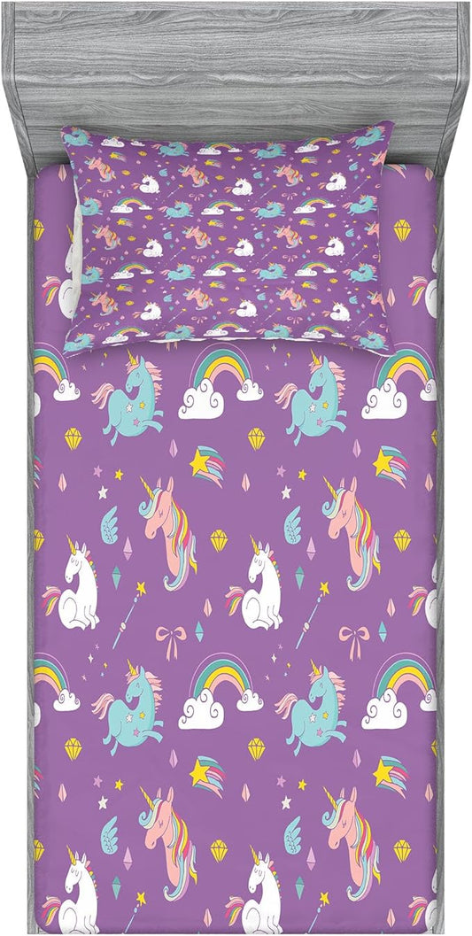 Ambesonne Magic Fitted Sheet & Pillow Sham Set, Unicorn and Rainbow Diamond Wand Pattern Girl Creature Print, Decorative Printed 2 Piece Bedding Decor Set, Twinxl, Violet