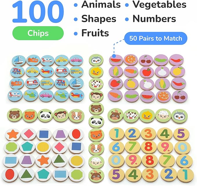 Bimi Boo Wooden Memory Matching Game for Toddlers 3+ Year Old - Memory Match Board Game with Tiles - Cognitive Skill Development Preschool Learning Toy (100 Tiles, 50 Matching Pair Chips, 5 Themes)