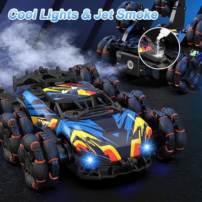 Scientoy Remote Control Car, 2.4Ghz RC Stunt Car Toys for Boys Girls Ages 6-8-10 with Lights Music Spray, 8 Wheels All Terrain RC Drift Car Toys for Ages 8-13 Birthday Gift with 2 Batteries
