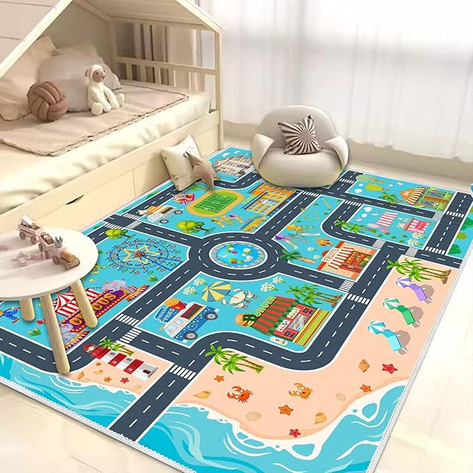Kids Carpet Playmat Car Rug, Car Rug for Kids Toy Cars and Train, Non Slip Play Mat for Playroom Kids Room, City Life Educational Road Traffic Carpet for Classroom Nursery(Light Blue,79×118in)