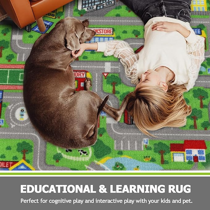 Capslpad Green Car Road Kid Rug Carpet Playmat for Playoom Traffic Road Kids Play Mat for Toddler Non Slip Washable City Map Race Track Carpet Rug for Kids Room Bedroom Nursery Room Decor,6.6'x6.6'