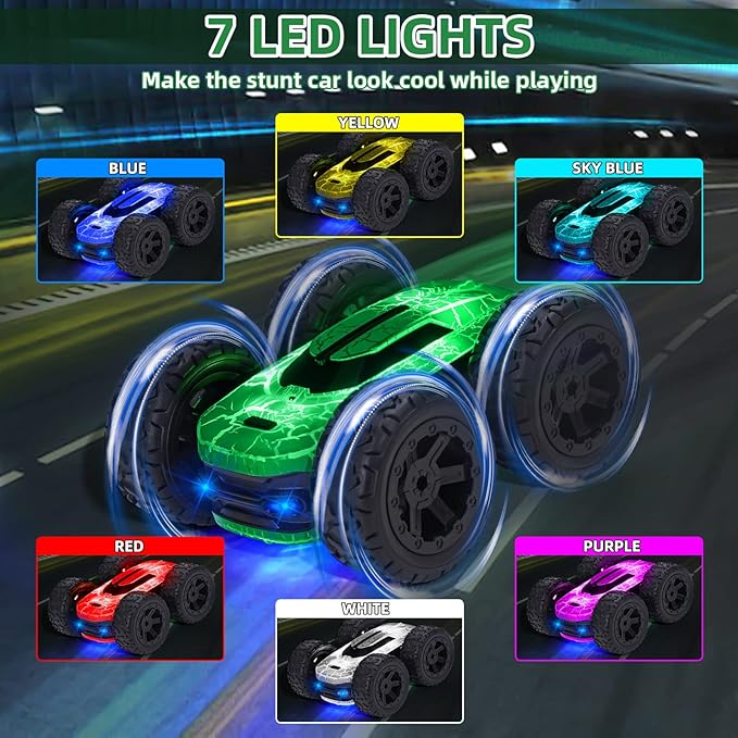 Remote Control Car for Kids 8-12, 360Rotating with 2 Batteries, Double-Sided RC Stunt Car Toy with LED Lights and Headlights