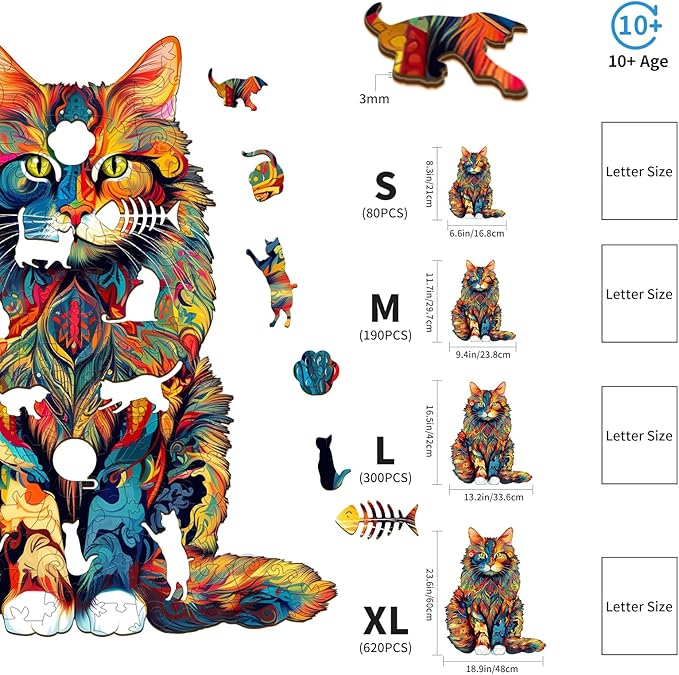 Wooden Puzzles for Adults, Maine Coon Cat (XL-620pcs) Wooden Jigsaw Puzzles, Unique Shaped Animal Wood Puzzles Adult and Kid Birthday Gifts Family Games 23.6 * 18.9in