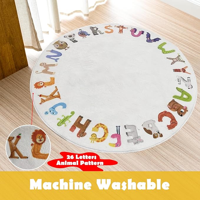 ABC 4ft Round Kids Play Rug - Soft Crawling Mat, Non Slip Alphabet Educational Rug for Toddlers, Baby, Nursery, Playroom, Classroom, Bedroom Decor