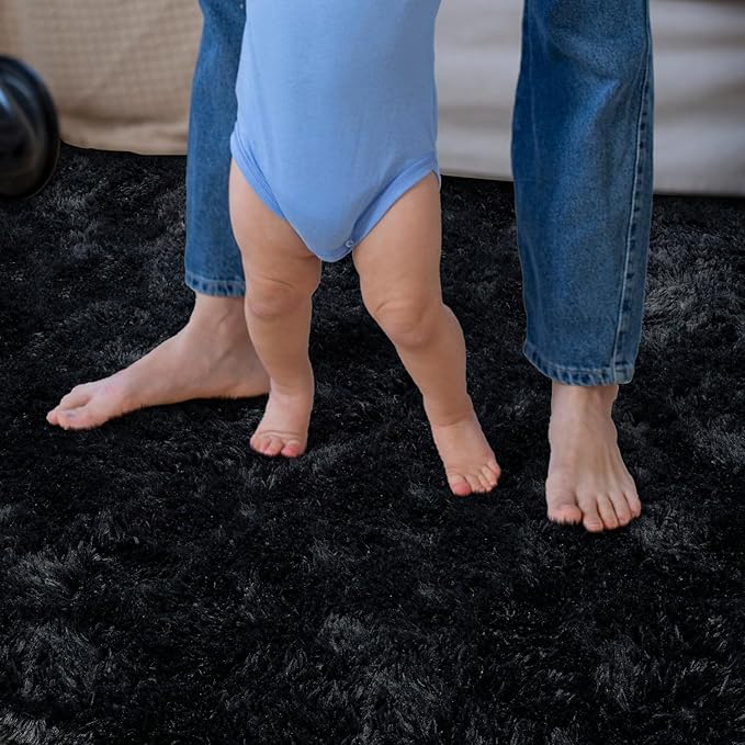 Super Fluffy Throw Rug for Bedroom, Modern Shag Black Area Rugs, Soft and Cozy Plush Small Carpet for Kids,Girls Boys and Teens Decorations for Living Room Dorm Nursery Classroom, 2x4 Feet