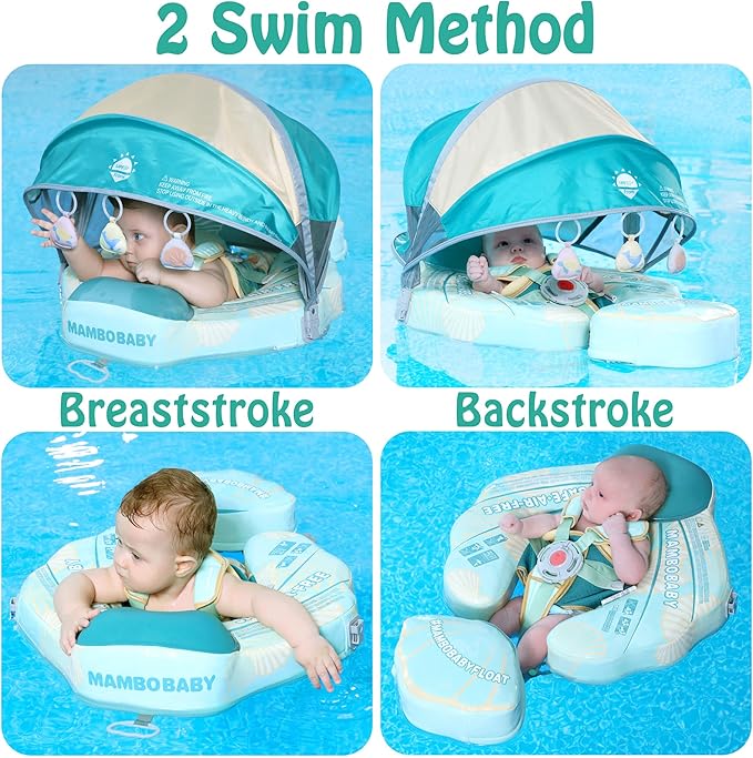 Mambobaby Float Add Tail Baby Swim Float with Canopy Solid Pool Infant Swim Trainer Swimming Training Lying Air Free Water Floats Non-Inflatable Waist Swim Ring for Toddlers (Shell - Purple)