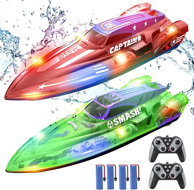 DEERC 2 Pack 13 inch Remote Control Boat for Kids, 4 Batteries, 2.4Ghz RC Racing Boat with LED Lights for Pools and Lakes, Summer Water Toy Gift for Boys 8-12