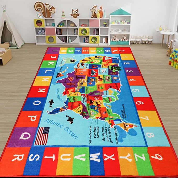 Classroom Carpets Kid Rug,13.3'×7.7' USA Map Classroom Rug for Kindergarten Primary School, Preschool Mat for Classroom Learning Area Nylon Non-Slip Latex Backing 157"×91"