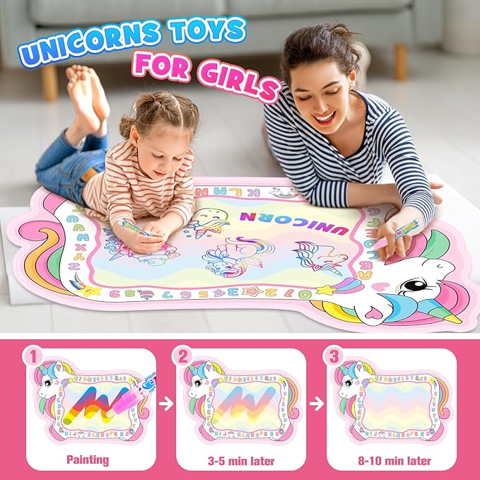 Unicorn Water Doodle Mat for Toddlers 2-5, 56 X 40 Inches Extra Large Water Painting Doodle Drawing Mat Preschool Educational Learning Toys Birthday Party Xmas Unicorns Gifts for Girls Age 2 3 4 5