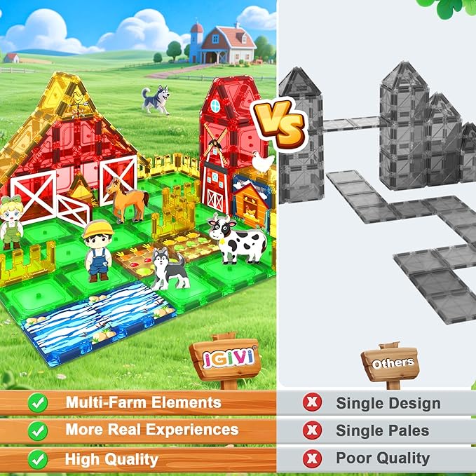 Magnetic Tiles Farm Animals Toddler Toys, STEM Magnet Building Blocks for Kids Ages 3-5 4-8 5-7, Preschool Montessori Sensory Toys, Gifts for 3 Year Old Boys & Girls