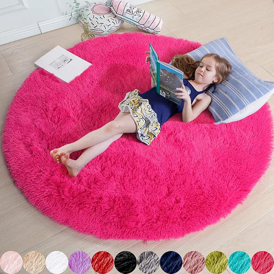 Hot Pink Round Rug 4Ft for Girls Bedroom, Fluffy Circle Area Rugs for Kids Room Decor Aesthetic, Shag Plush Fuzzy Furry Carpet for Living Room, Nursery, Dorm, Classroom, Teen, Cute Shaggy Baby Rug