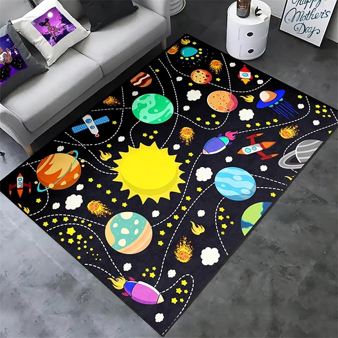 Outer Space Area Rug - 2x3 ft Solar System Galaxy Planets Rug for Boys Bedroom Universe Theme Carpets for Kids Living Room Bedroom Indoor Outdoor Crystal Polyester Floor Mats Kids Play Carpet