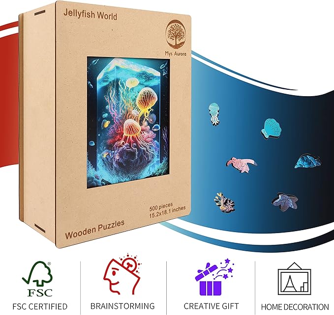 Unique Wooden Jigsaw Puzzles - Coral Jellyfish, 200 Pcs Medium Size 9.6'' x 11.8'', Luxurious Animal Shaped Wood Puzzle, Beautiful Package, Best Gift for Adults