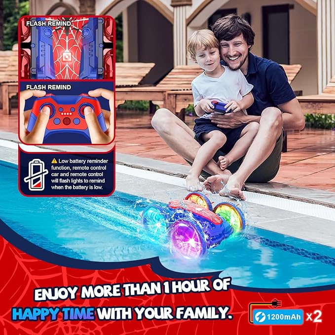 Spider Amphibious Remote Control Car Boat, Spider Toys for Ages 6 7 8 9 10 11 12, 360° Gesture Sensing RC Vehicle, 4WD Waterproof Stunt Car with LED Lights, Gifts for Boy and Girl