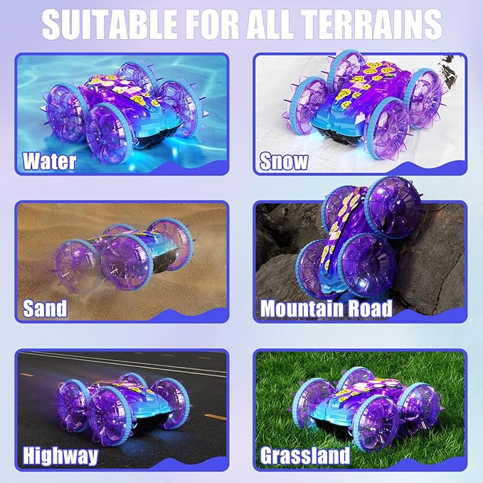 Amphibious Remote Control Car, 4WD Waterproof RC Stunt Car Toys with LED Lights, 360°Rotation RC Boat Water Beach Pool Toys for Boys, Christmas Birthday Gifts Toys for Kids Ages 4-7 8-12 Year Old