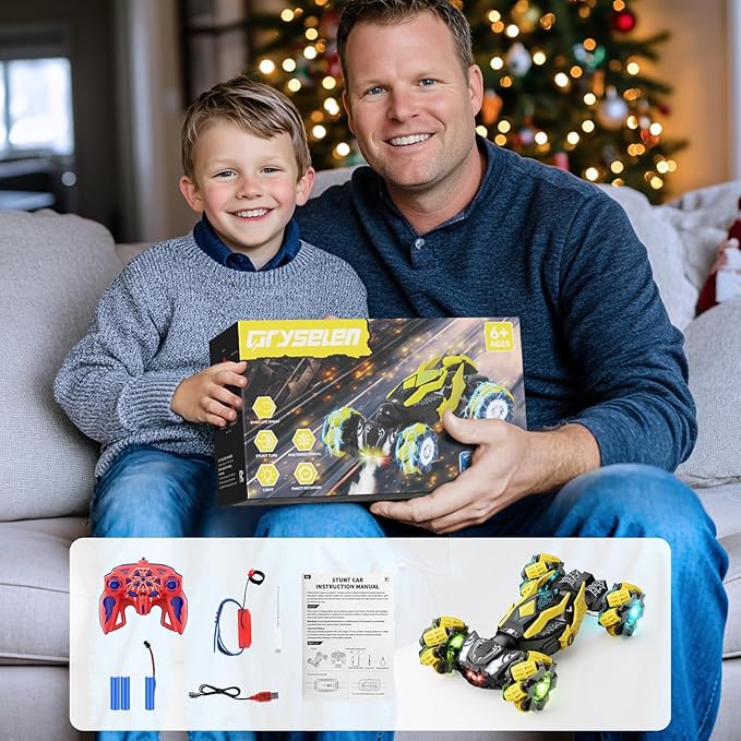 Remote Control Car Boys Toys: RC Cars 360°Flip 2.4Ghz Double Sided 4WD Transform Off Road for Rotating Hand & Remote Control Drift Stunt Cars Toy 6 7 8 9 10 11 12 Year Old Kids Girls (Yellow)