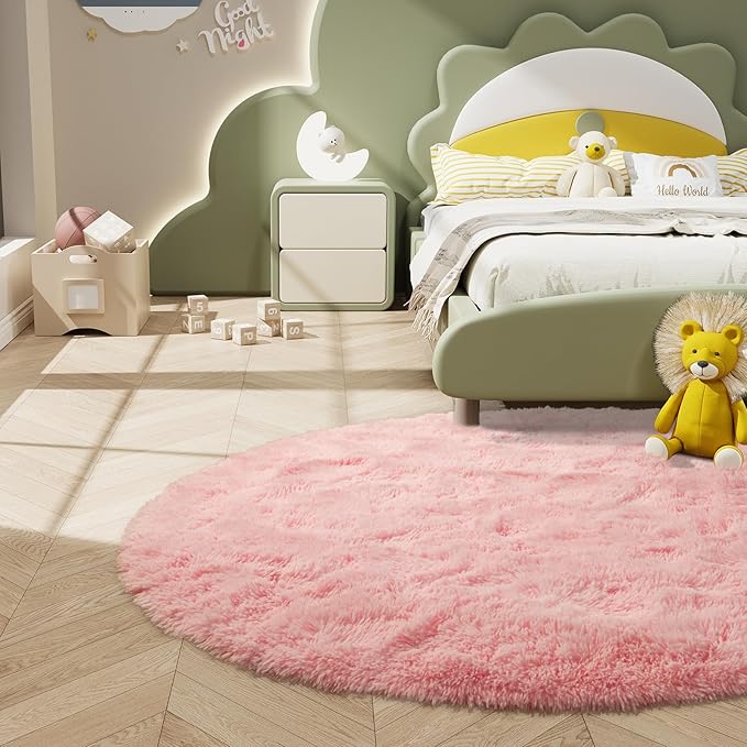 LOCHAS Luxury Round Fluffy Area Rugs for Bedroom Kids Girls Room Nursery, Super Soft Circle Rug, Cute Shaggy Carpet for Children Living Room, 5x5 Feet Pink