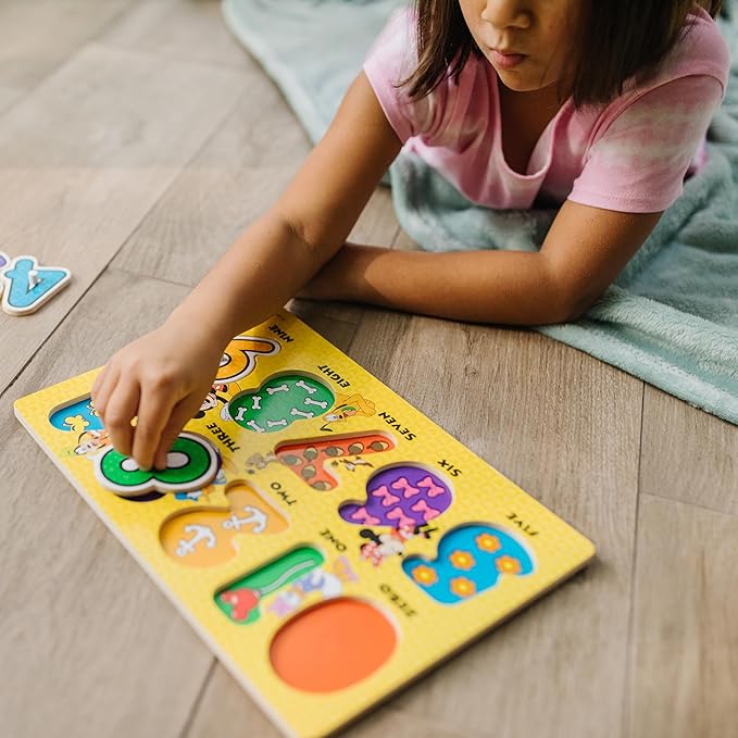 Melissa & Doug Disney Wooden Peg Puzzles Set: Letters, Numbers, and Shapes and Colors Letters And Number Puzzles, Disney, For Toddlers And Kids Ages 3+