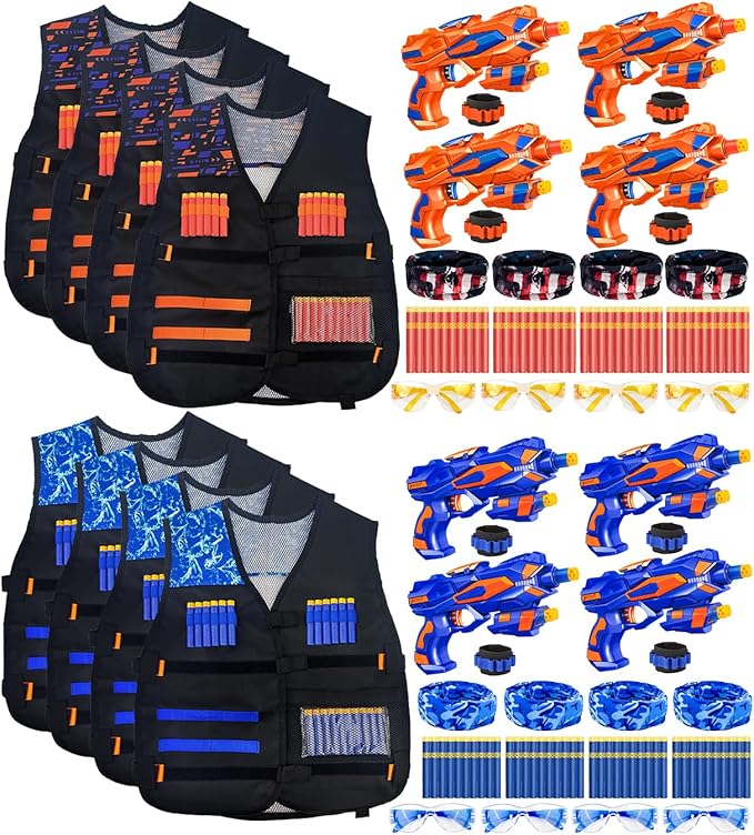 Kids Party Supplies Favor Kit for Nerf - 8 Toys Foam Dart Guns, 8 Tactical Vests, 160 Soft-Tip Darts, 8 Protective Goggles & Masks, Wristbands – for Boys Birthday Parties, Outdoor Games