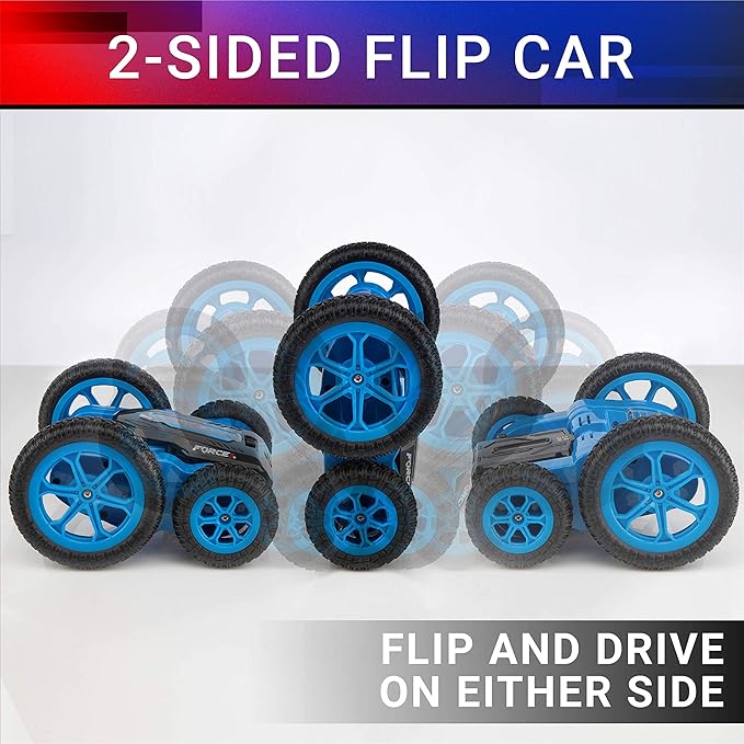 Force1 Tornado Blue LED Remote Control Car for Kids- Double Sided Driving Fast RC Cars 360 Flips, Outdoor 4WD Off Road Stunt RC Car, All Terrain Tires, RC Crawler Rechargeable Battery, 2.4GHz Remote