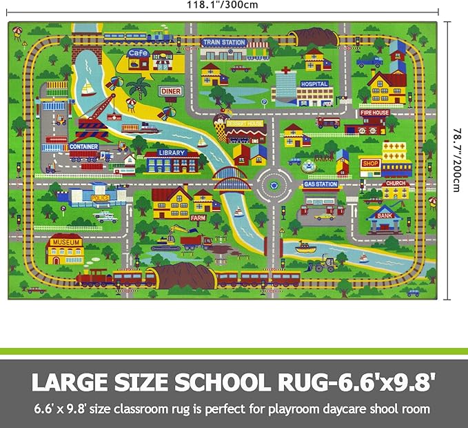 Capslpad Kids Rug 6'6" x 9'8" Educational Learning Kid Play Area Rug Large Traffic Road Cars Rug Play Mat for Kids Toy Nursery Rug Car Carpet for Playroom Living Room Classroom Decor Green
