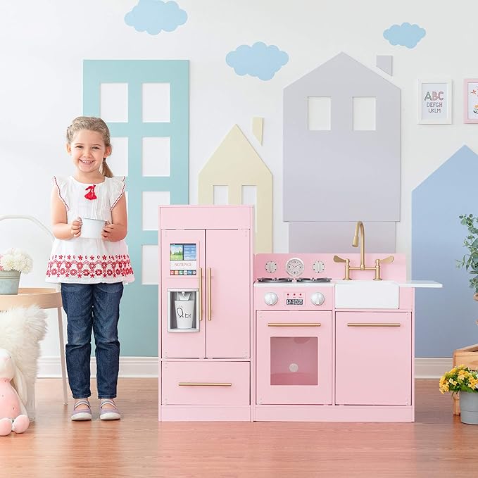 Teamson Kids Little Chef Charlotte 2-Piece Modular Wooden Play Kitchen with Icemaker and Ample Storage, Pink with Gold Hardware