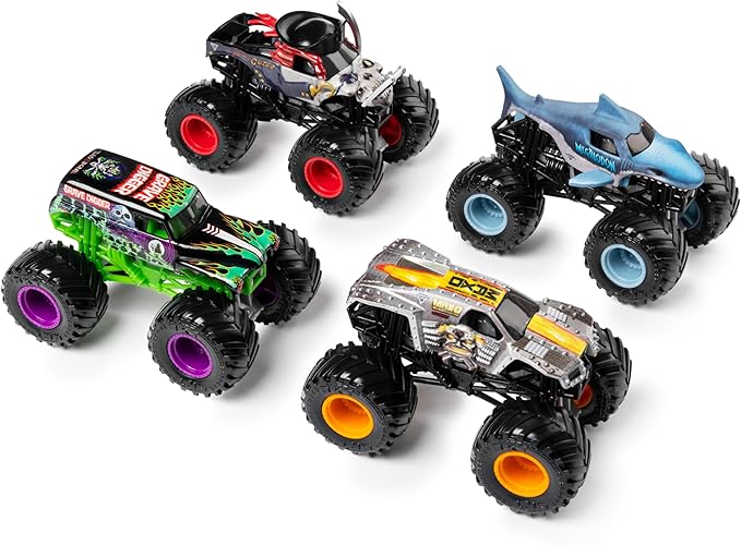 Monster Jam, Land vs. Sea 4 Pack Monster Trucks (Grave Digger, Max-D, Megalodon, and Pirate’s), 1:64 Scale, Kids Toys for Boys and Girls Ages 3 and up