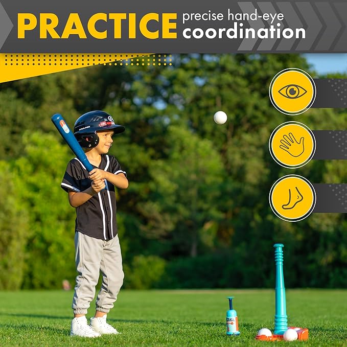 T Ball Stand for Kids and Toddlers 1-3, 3-5, 5-8. Baseball Set With 6 Large Balls, Adjustable Tball Batting Tee, and Pitching Machine. T-Ball Sets With Bat and Ball