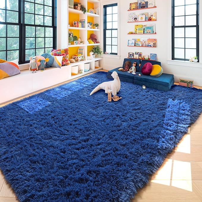 Amdrebio Navy Blue Area Rugs 8x10 for Living Room Boys Bedroom, Large Shag Fluffy Furry Plush Rug for Baby Kids Room Decor Aesthetic, Cool Royal Dark Blue Carpet for Nursery Classroom Dorm Playroom