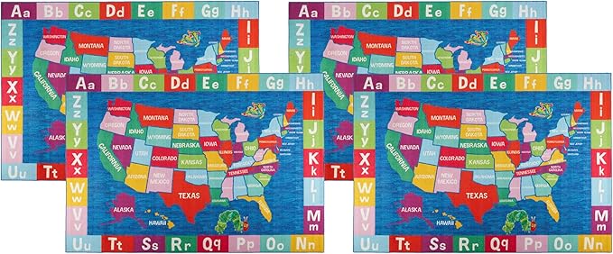 Eric Carle Elementary USA Map Kids Machine Washable Area Rug Blue/Red, 35"x51" (Pack of 4)