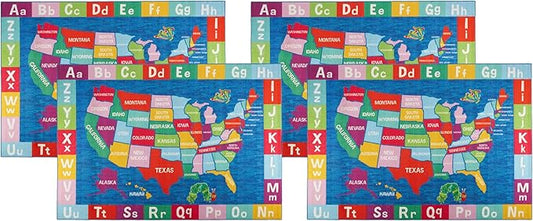 Eric Carle Elementary USA Map Kids Machine Washable Area Rug Blue/Red, 35"x51" (Pack of 4)