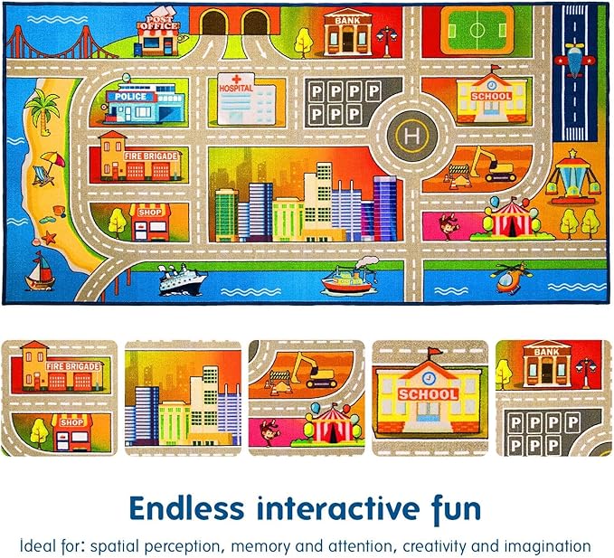 Booooom Jackson Kids Car Rug,Car Mat for Kids Toy Cars,Road Carpet Playmat Rug,Buildings Parking Helipad Printed on,Non-Slip Play Race Track Carpet for Play Room Bedroom