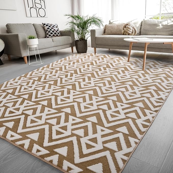 Ompaa Ultra Soft Shaggy Rugs Memory Foam Bedroom Carpet, Beige 5 x 8 Feet, Plush Geometric Textured Area Rugs for Living Room Couch Dorm Bedside Kids Girls Teens Room Nursery Decor Floor Mat
