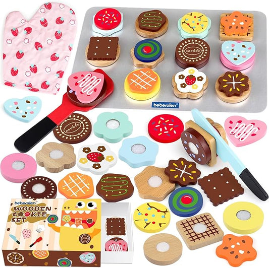 Wooden Cookie Play Food Set for Kids Kitchen Accessories Food Toys for Toddlers 1-3 Pretend Play Slice and Bake Gift for 3 4 5 Years Old Girls and Boys Toddler Learning Toys
