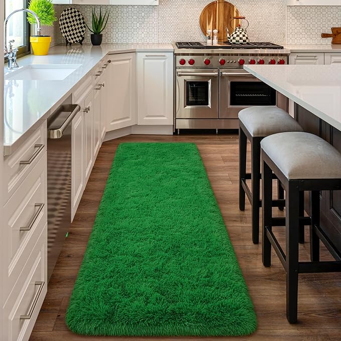 Amearea Shag Fluffy Runner Rug for Bedroom Girls Living Room, 2x6 Feet Extra Soft and Fuzzy Shaggy Rugs, Non Slip, Indoor Floor Long Carpet Mat for Boys Nursery Home Decor, Green