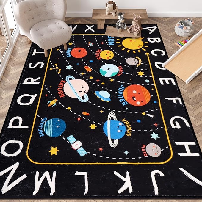 Outer Space ABC Alphabet Educational Rug, 78.7"X59", Non Slip Solar System Galaxy Planets Playroom Rug, Washable Area Rug Carpet for Classroom, Bedroom, Kids Room Decor