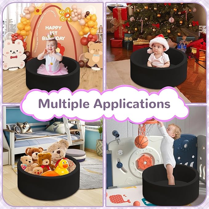 Baby Ball Pit 27.6" Soft Round Memory Foam Ball Pits NOT Included Balls Indoor Outdoor Playpen for Babies Toddlers Kids Great Gift for Girls Boys, Black