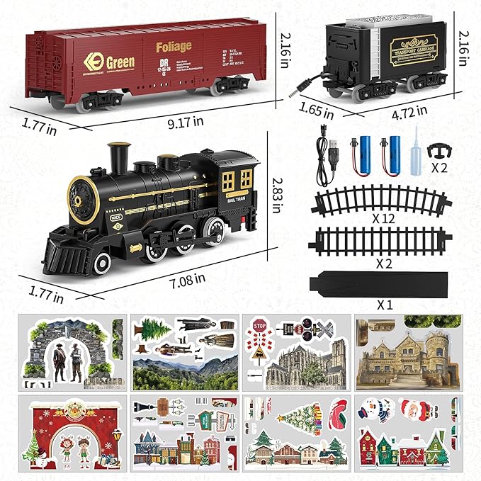 TEMI Steam Train Toy Set for Boys 3 4 5 6 7 Years, with Sounds & Light, Electric Classical Engine Locomotive for Kids, Rechargeable Model Train Kit for Christmas Tree, Cargo Car Railway Tracks