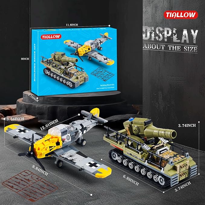 WW2 Military Toy Plane Building Block Set, Compatible with Lego, Create The Karl Giant Mortar Tank & BF109 Fighter Plane, Perfect Army Airplane Toy Gift for Boys, and Teens Aged 8-14 (1015 Pieces)