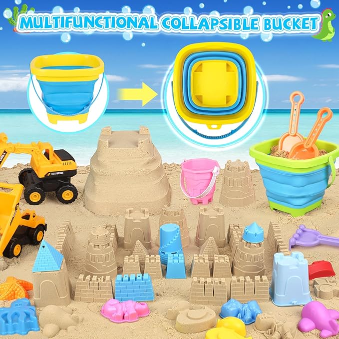 Beach Toys, 35Pcs Sand Toys with 3 Construction Vehicles, 3 Collapsible Beach Bucket, Sand Castle Building Kit, Sand Molds, Shovel Set, Mesh Bag, Travel Toys for Toddlers Kids Boys Girls