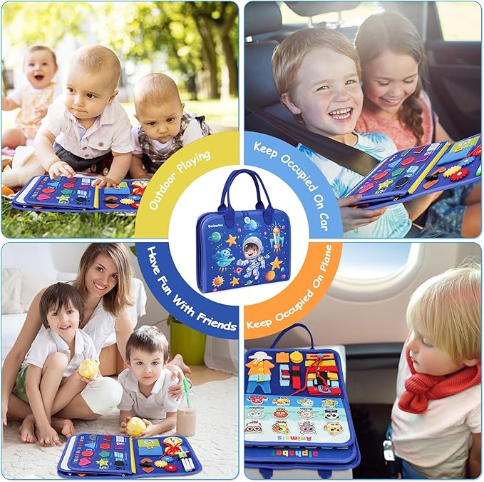 Montessori Busy Board Book - Toddler Educational Learning Sensory Activity Toys for 3+ Year Old Boy Birthday Gift - Road Airplane Travel Toys