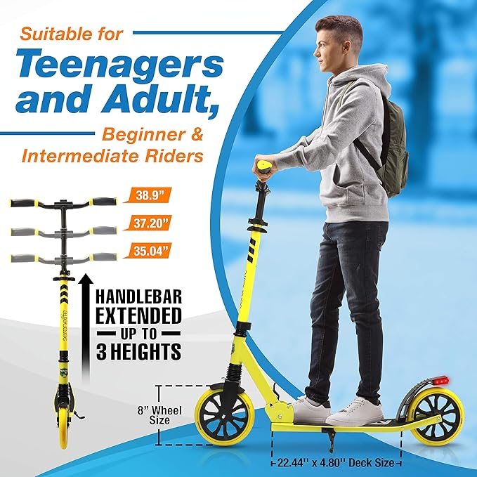 SereneLife Kick Scooter Adult Teenagers Kids- 2 Wheel Kids Scooter with Adjustable T-Bar Handlebar - Alloy Anti-Slip Deck - Portable Folding Scooters for Kids with Carrying Strap