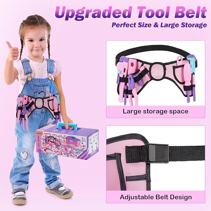 Kids Tool Set, 67 PCS Pink Kids Tool Box for Girls, Electronic Toy Drill&Tape Measure, Pretend Play Girls Toys Construction Tools Kit & Belt, Christmas Birthday Gift Ideas Toddler Tool Set Age 3 4 5+