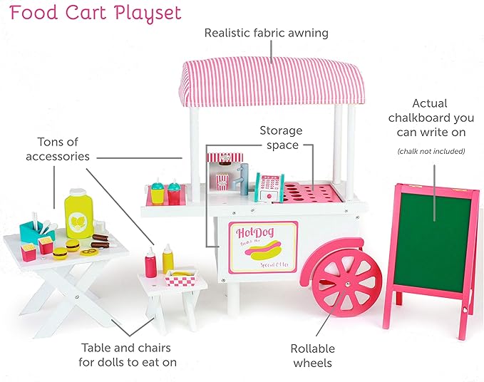 Playtime by Eimmie 18 Inch Doll Furniture Hot Dog Food Cart Set - Wooden Playset with Accessories, Fits American, Generation, My Life & Similar 14”-18” Dolls