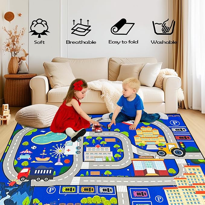 Car Rugs for Kids Toy Cars - Kids Carpet for Playroom Car Track Rug City Life Road Rug for Playroom Living Room Bedroom Classroom Decor, Blue, 2'5''×4'