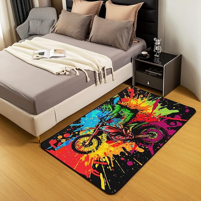Erosebridal Motocross Rugs for Boys Girls, Motorcycle Racer Area Rug 3x5, Extreme Sport Tie Dye Dirt Bike Motor Vehicles Biker Carpet for Bedside for Kids Car Game Decorative Rug