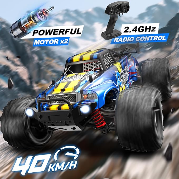 1:16 Scale RC Cars for Adult, Remote Control Car Fast 40KPH Hobby RC Cars for Boys Age 8+, 4x4 All Terrain Off-Road RC Truck for Kids with 2.4 GHz Remote Control 2 Rechargeable Batteries