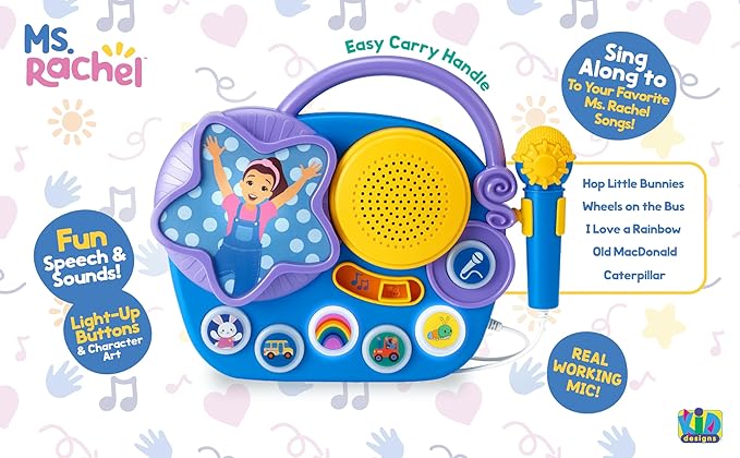 eKids Ms Rachel Karaoke Microphone with Boombox for Fans of Toddler Toys, Kids Karaoke Machine with Built in Music